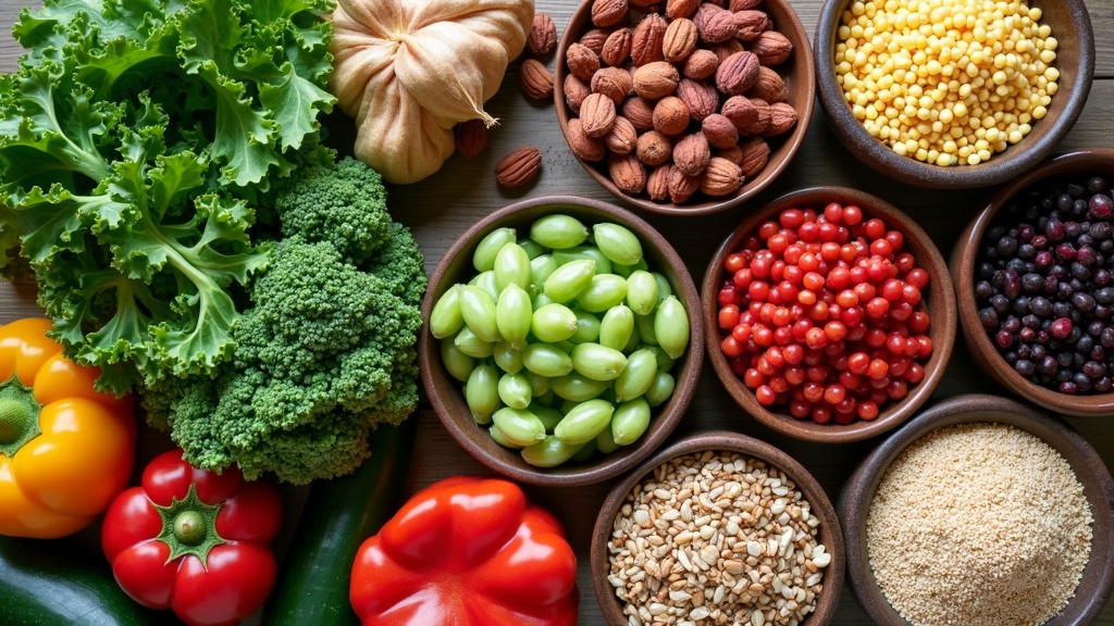 A vibrant assortment of plant-based foods including leafy greens, legumes, grains, and nuts arranged on a wooden table among fresh vegetables and fruits.