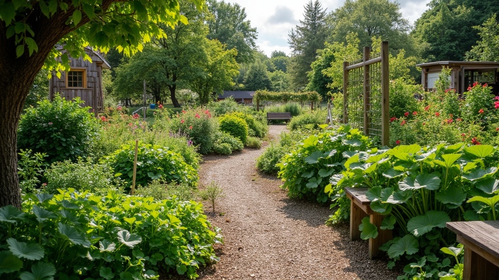 An inviting community garden full of leafy green plants and vegetables, with benches and natural pathways.