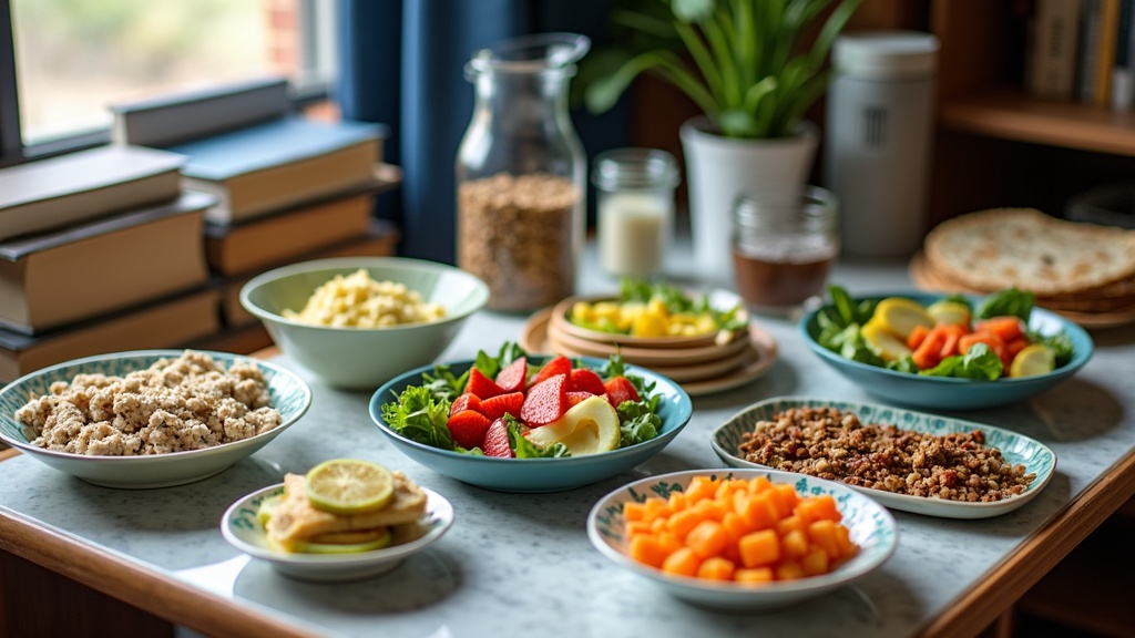 An overhead view of a vegan lunch spread on a dorm desk, including a salad, fruit, a hummus wrap, and plant-based snacks.