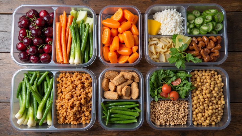 Assorted plant-based frozen meals with vegetables and grains on a wooden table