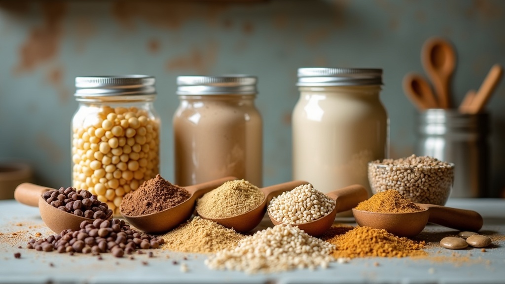 Assorted plant-based protein powder containers and scoops with natural ingredients like peas, brown rice, and seeds on a rustic kitchen counter.