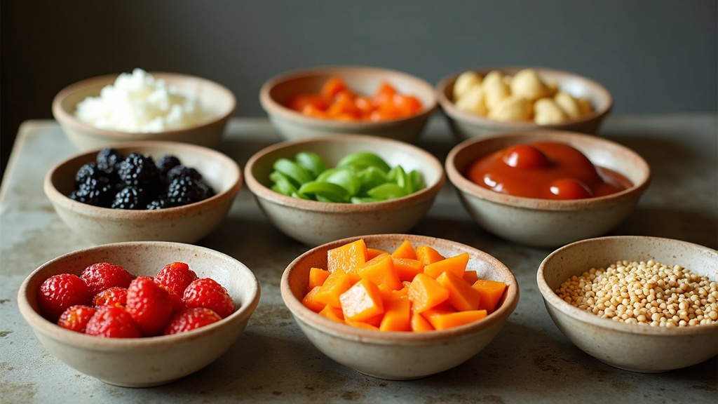 colorful bowls of plant-based ingredients and snacks arranged on a kitchen table