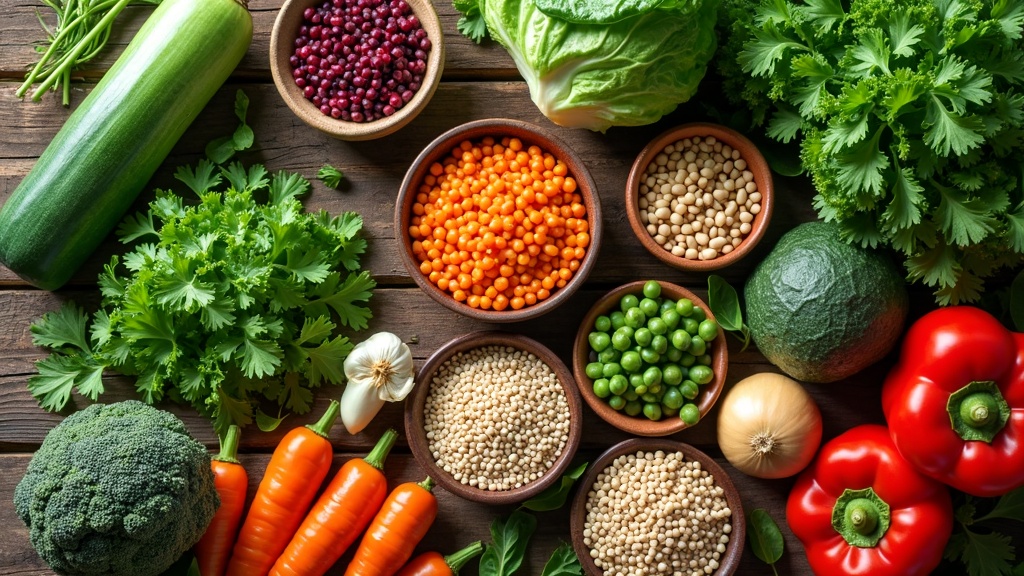 Colorful collection of whole plant foods: leafy greens, beans, legumes, and whole grains laid out beside fresh vegetables. Bright, healthy, and inviting.