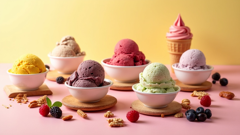 Colorful selection of plant-based and traditional ice creams in bowls and cones with nuts and fruit