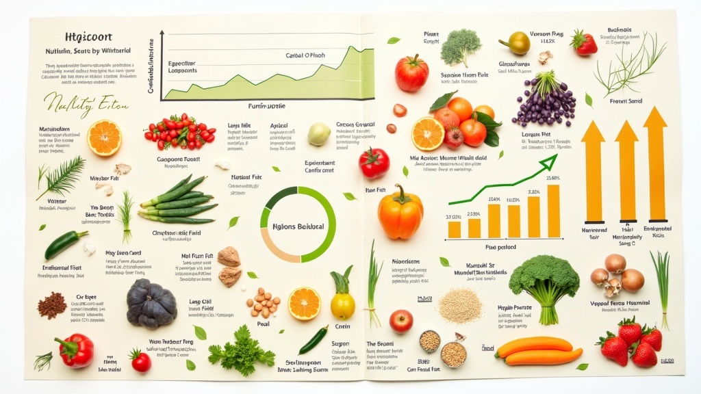 Colorful visualization of scientific data and healthy foods like fruits, grains, and vegetables