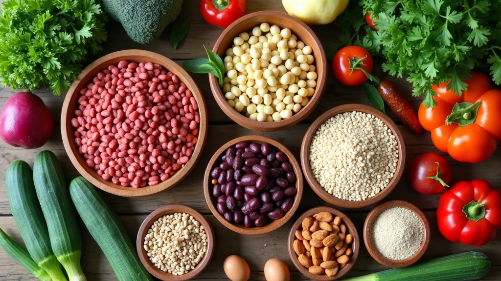 Fresh vegetables, legumes, and whole grains in colorful bowls on a wooden table among leafy greens and seeds.