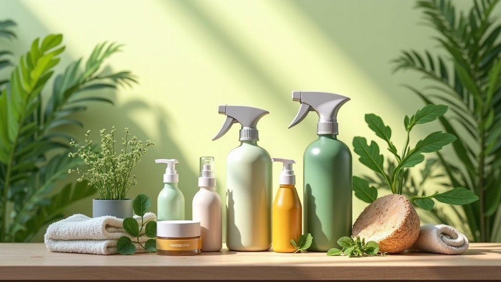 Plant-based cleaning products on a wooden countertop with fresh green leaves and glass spray bottles