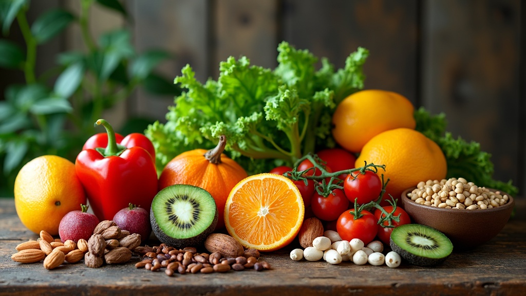 still life of fresh, colorful fruits and vegetables with nuts and seeds on a dark wooden table