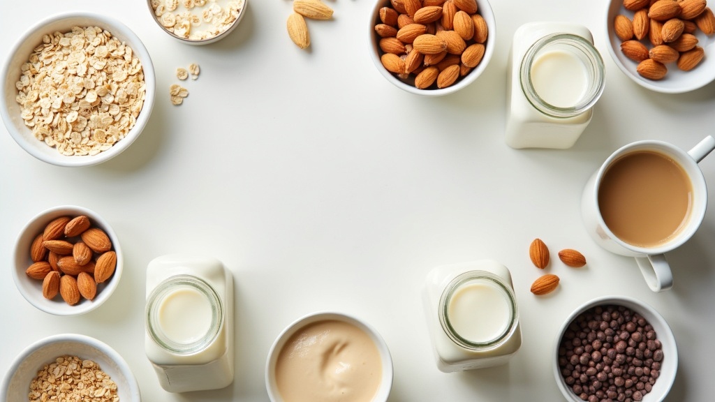Various plant-based milks arranged on a table with coffee and cereal bowls nearby