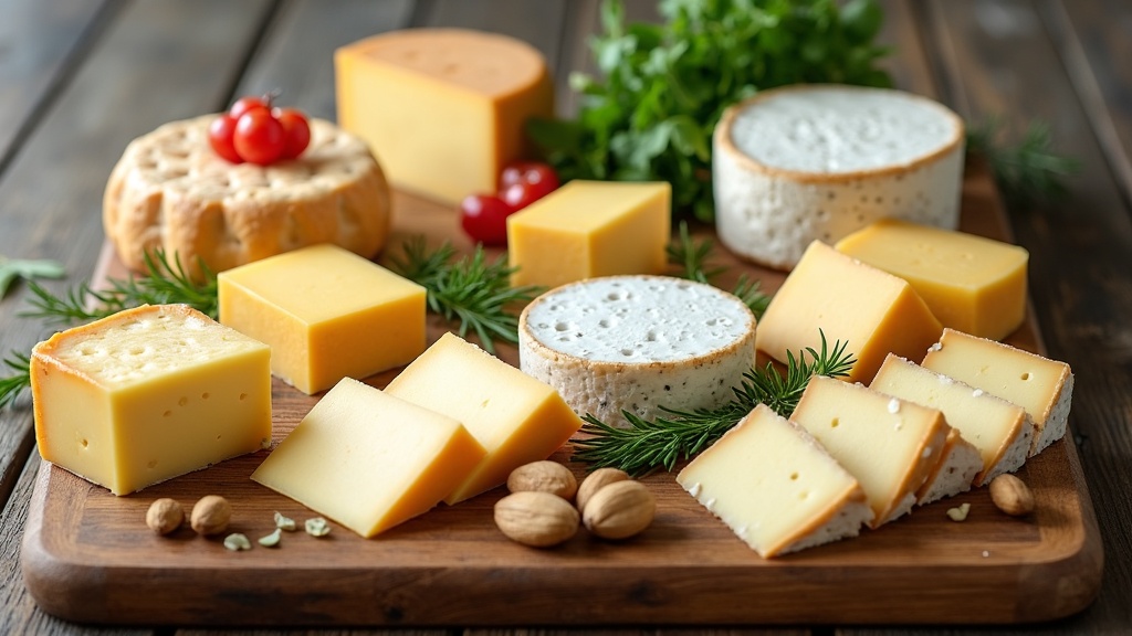 Wide assortment of dairy-free cheeses and plant-based cheese products on a wooden board with herbs and nuts. Cheese blocks, slices, and wheels showcase textures and variety of non-dairy cheese.