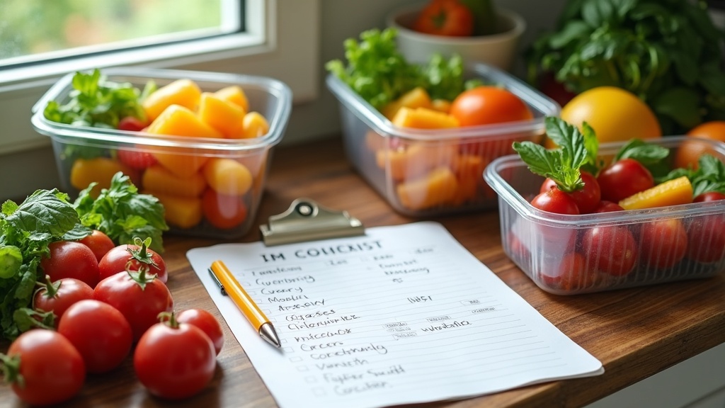 A colorful array of fresh plant-based ingredients, meal containers, and a written meal prep checklist on a kitchen counter.