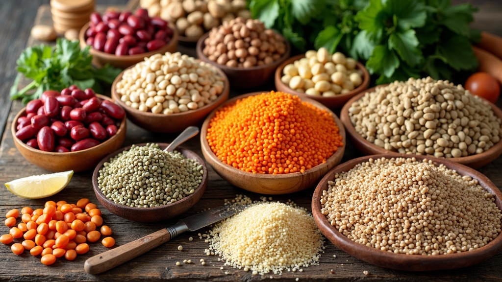 A colorful assortment of plant-based protein ingredients such as beans, lentils, seeds, nuts, tofu, and whole grains on a rustic kitchen table