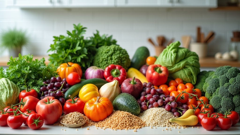 A colorful plant-based grocery haul arranged on a kitchen counter, with lots of fresh vegetables, fruits, beans, grains, and plant-based products.