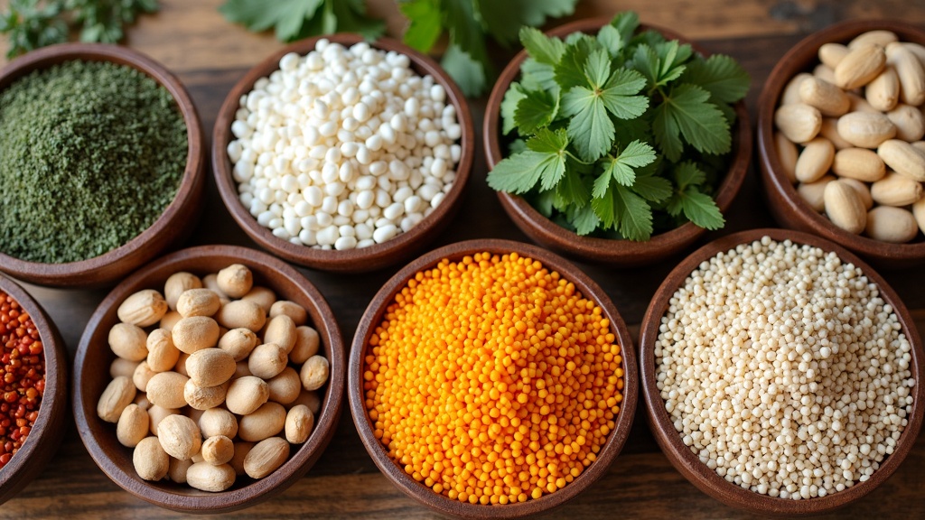 A colorful spread of vegan pantry staples including grains, canned beans, herbs, and nuts, all arranged on a wooden kitchen counter