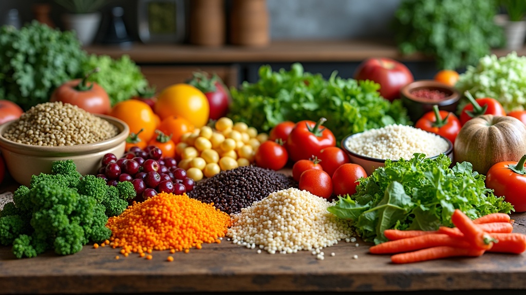 A colorful spread of whole plant-based foods, including fresh vegetables, grains, legumes, and fruits, arranged on a rustic kitchen table.