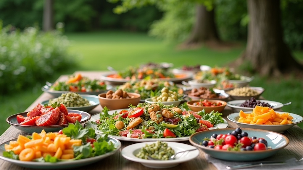 A cozy community plant-based potluck setup with lots of colorful dishes on a long table.