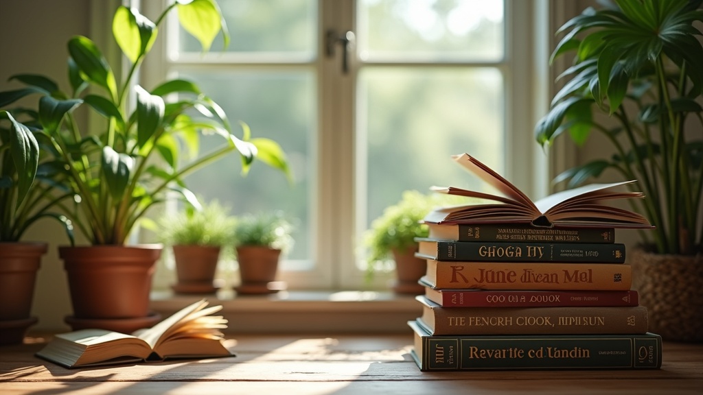 A cozy reading nook with a stack of influential books and green plants nearby. Bright, inviting setup.