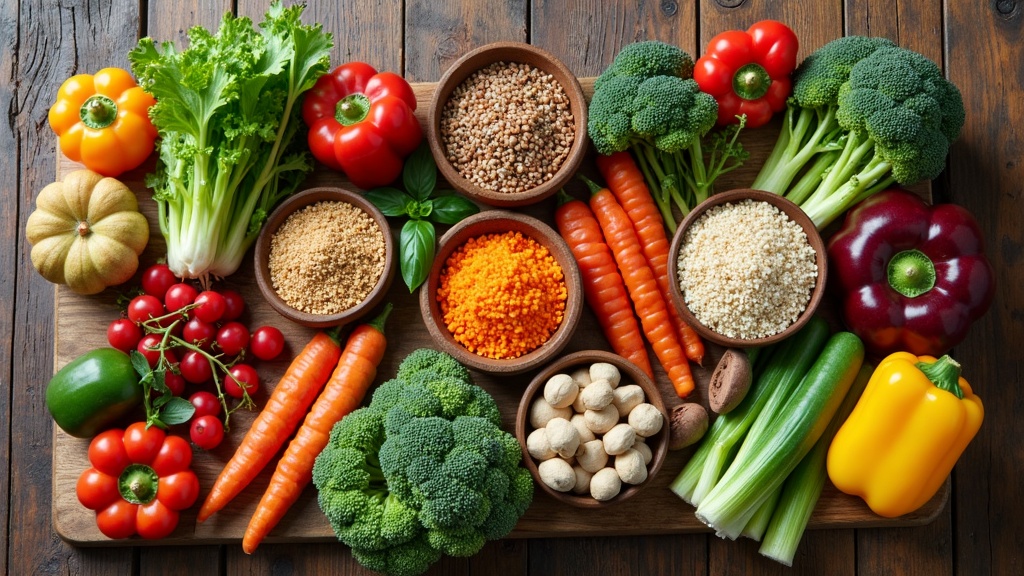 A vibrant collection of plant-based foods including colorful vegetables, fruits, grains, and legumes on a rustic wooden table