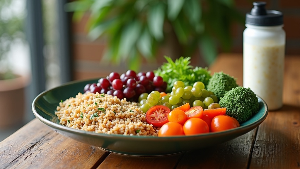 A vibrant plant-based meal with grains, legumes, and vegetables arranged on a wooden table, along with a sports water bottle.