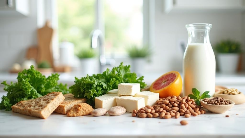 Assorted plantbased foods rich in calcium, such as leafy greens, almonds, tofu, fortified plant milks, listed on a wooden kitchen counter. Healthy food clean background.