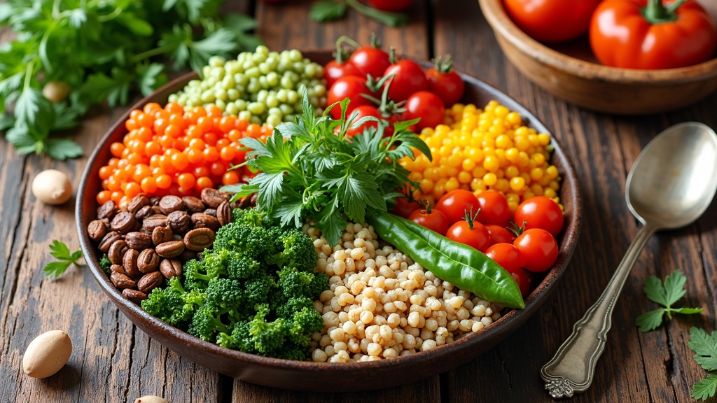 Bright and colorful plant-based meal featuring a variety of vegetables, grains, and herbs.