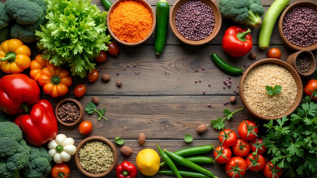 colorful array of fresh vegetables and plant-based meals on a wooden table