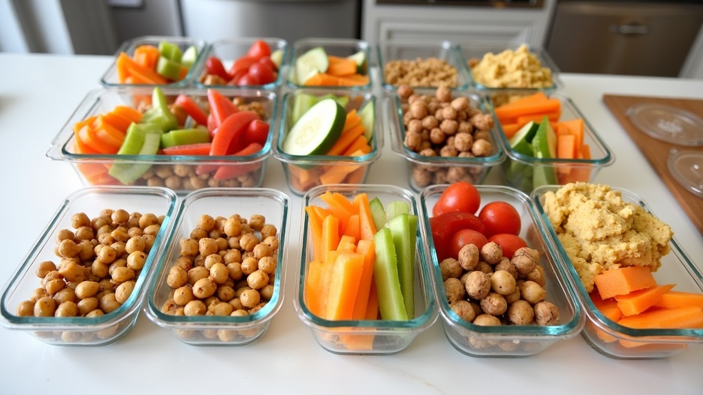 Colorful array of prepped plant-based snacks including veggie sticks, hummus, and fruit in containers.