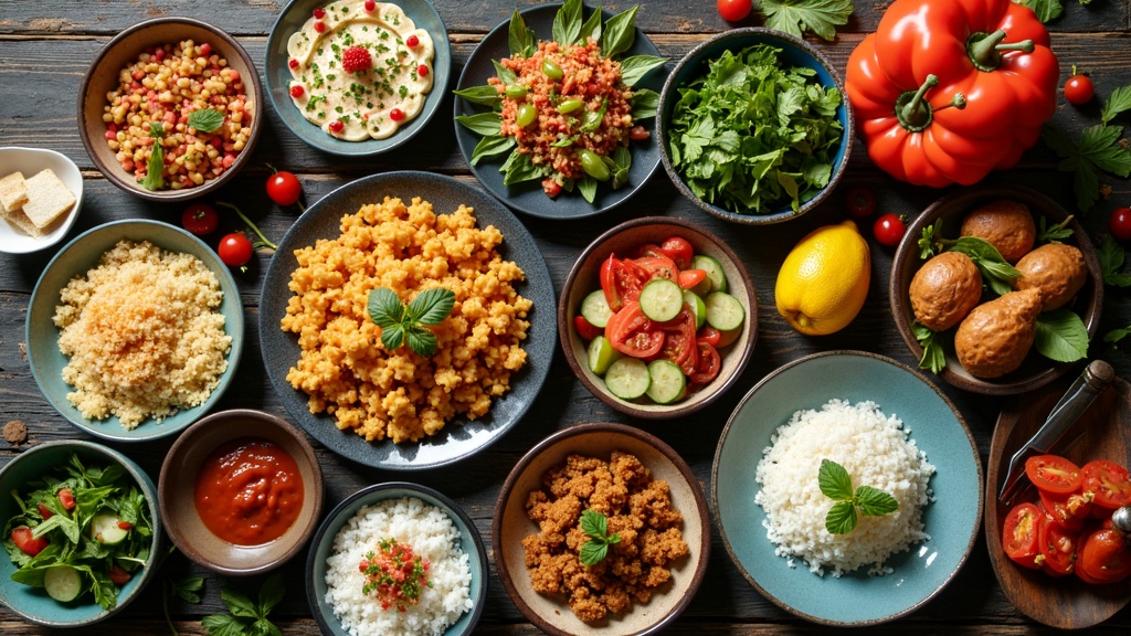 Colorful international plant-based dishes on a wooden table