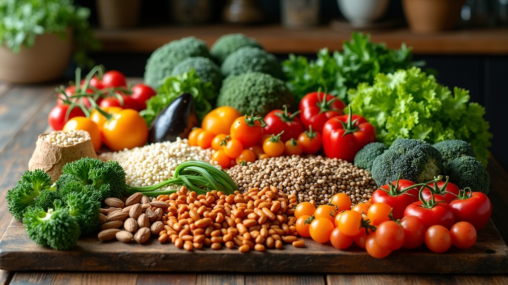 Colorful plant-based foods arrangement, including vegetables, grains, and legumes