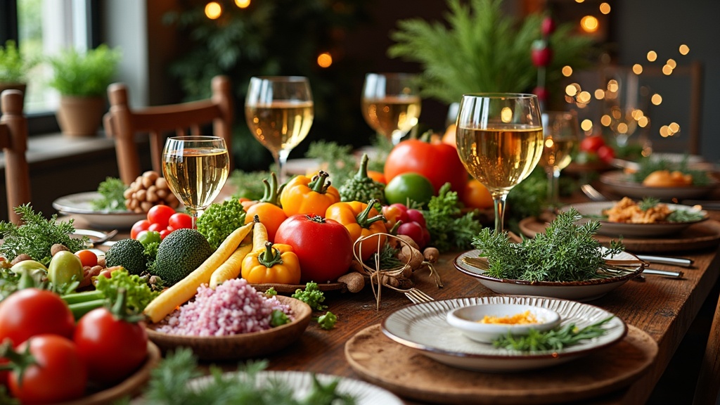 Colorful plant-based holiday spread with seasonal vegetables, grains, and festive decorations.