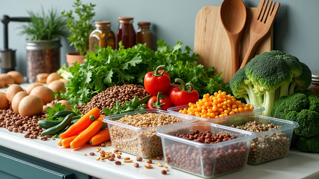 Colorful plant based ingredients and meal prepping tools laid out on a kitchen counter.