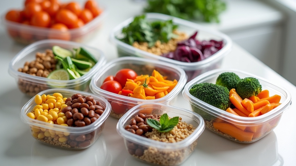colorful plant-based meal prep containers filled with veggies, grains, and beans on a kitchen counter