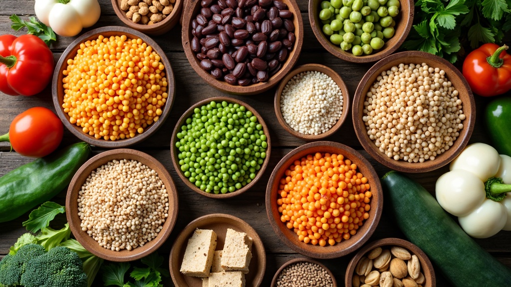 colorful selection of plant-based proteins like beans, lentils, nuts, tofu, seeds, and whole grains displayed on a rustic wooden table
