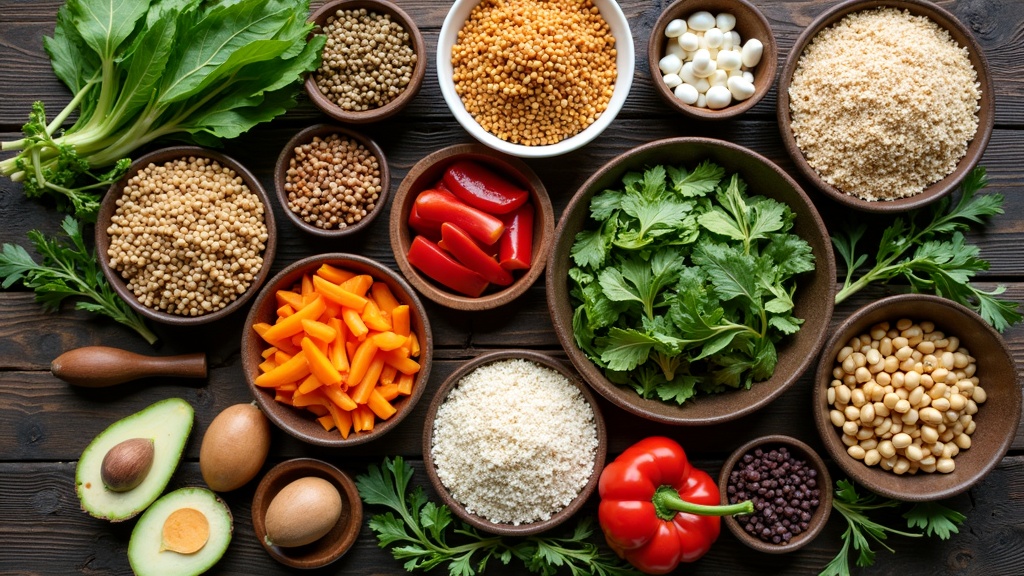 colorful, vibrant plantbased foods on a kitchen table, showing bowls of grains, greens, and vegetables