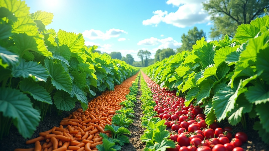 lush farm with green crops and distant mountains under a clear sky