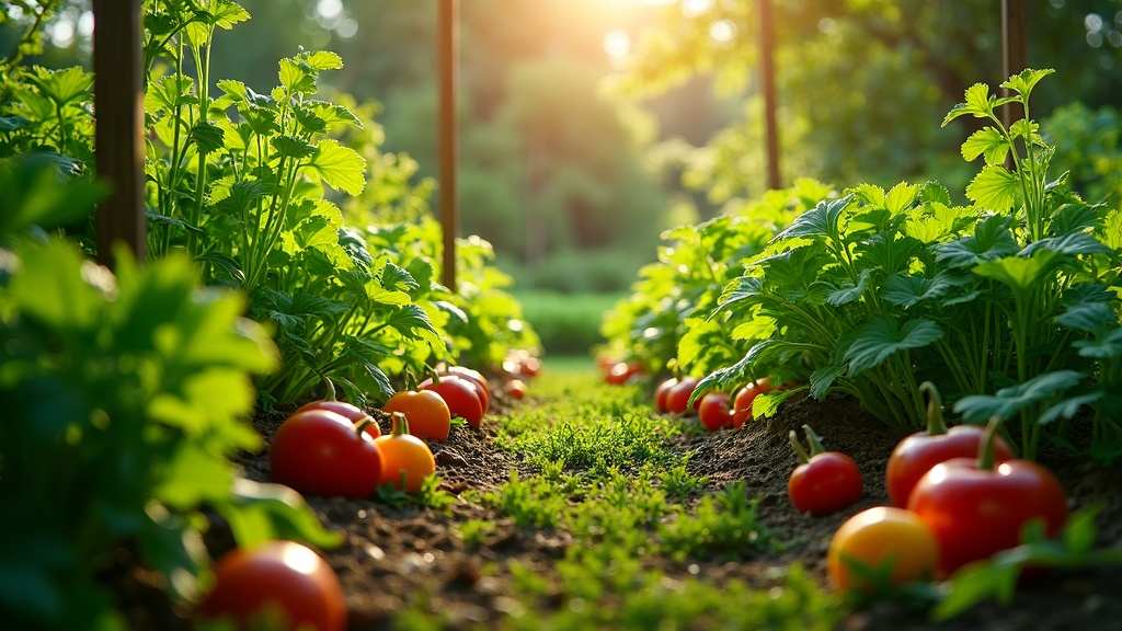Vibrant vegetable garden with an array of plants and sunlight filtering through leaves