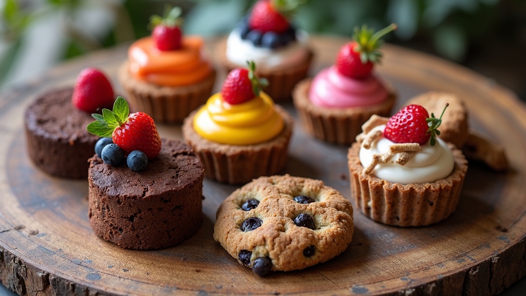 A colorful assortment of plant-based desserts, including chocolate cake, fruit parfaits, and cookies, arranged on a rustic wooden table