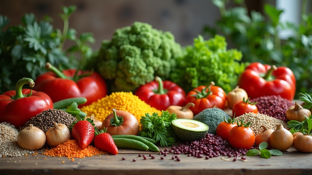 A colorful, plantbased meal with a focus on fresh vegetables, whole grains, and reusable serving ware on a natural background