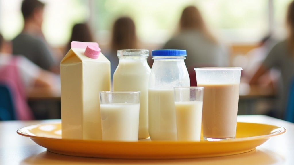 A tray with plant-based milks (soy, oat, almond) and dairy milk on a cafeteria table. Glasses and cartons arranged in a school lunch setting.