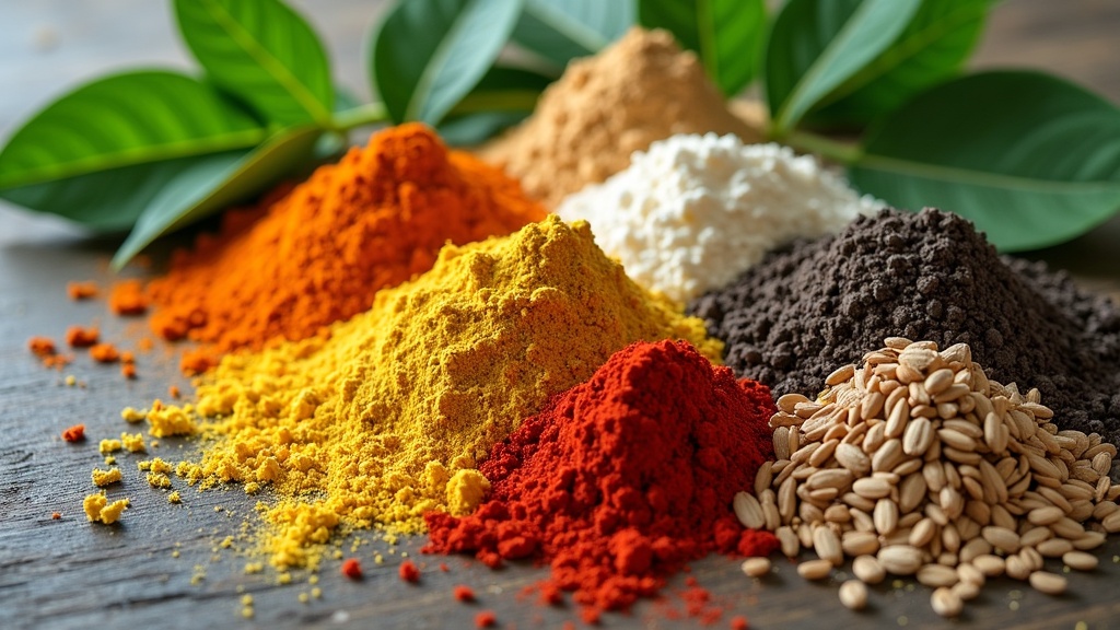 A variety of colorful plant-based supplement powders, seeds, and fresh green leaves displayed on a rustic wooden surface.