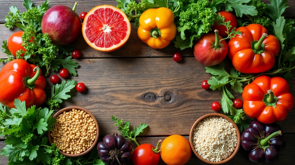 A vibrant spread of plant-based foods on a rustic table, with bowls of salads, fruits, and grains, surrounded by lush greenery. A natural light source highlights the freshness and color diversity.