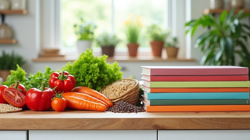 Assorted plant based ingredients, vegetables, and a stack of colorful cookbooks on a kitchen counter.