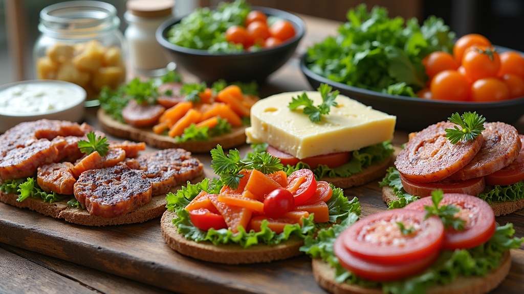 Assorted vegan foods, including plant-based meats, cheeses, and fresh vegetables, displayed on a wooden table with reusable dishes