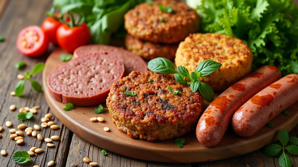 Assorted vegan meat substitutes like plant-based burgers, sausages, and nuggets arranged on a wooden board, surrounded by fresh vegetables and grains.