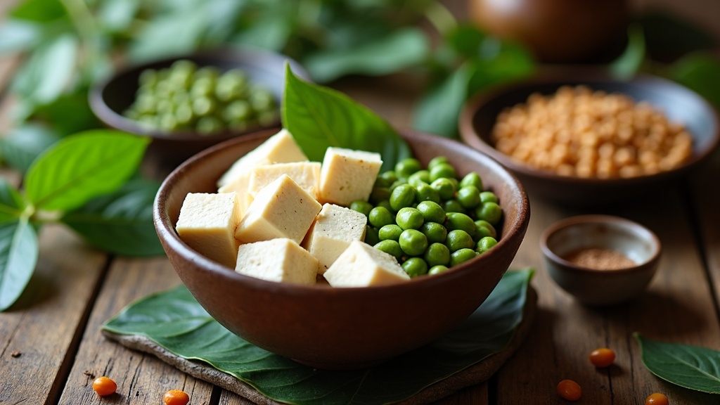 Bowl of tofu cubes, edamame, and soybeans on rustic table with green plants around