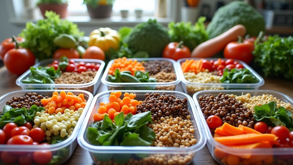 Brightly colored plant-based meal prep: Mason jars with salads, roasted veggies, grains, and legumes on a kitchen table