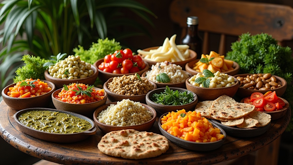 Traditional plant-based dishes from different parts of the world arranged on a rustic wooden table