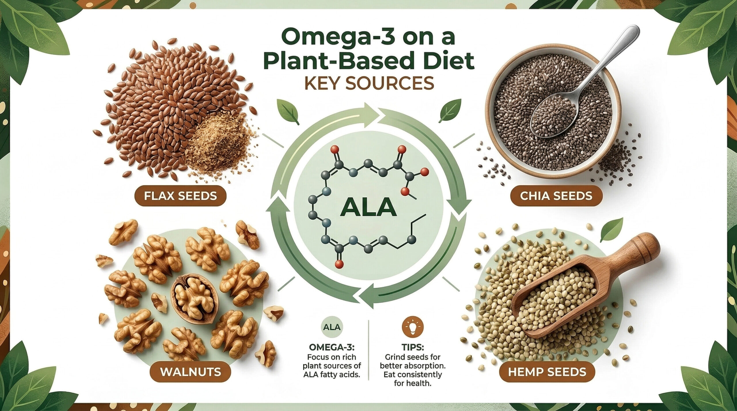 plant-based omega-3 foods including flax seeds chia seeds walnuts