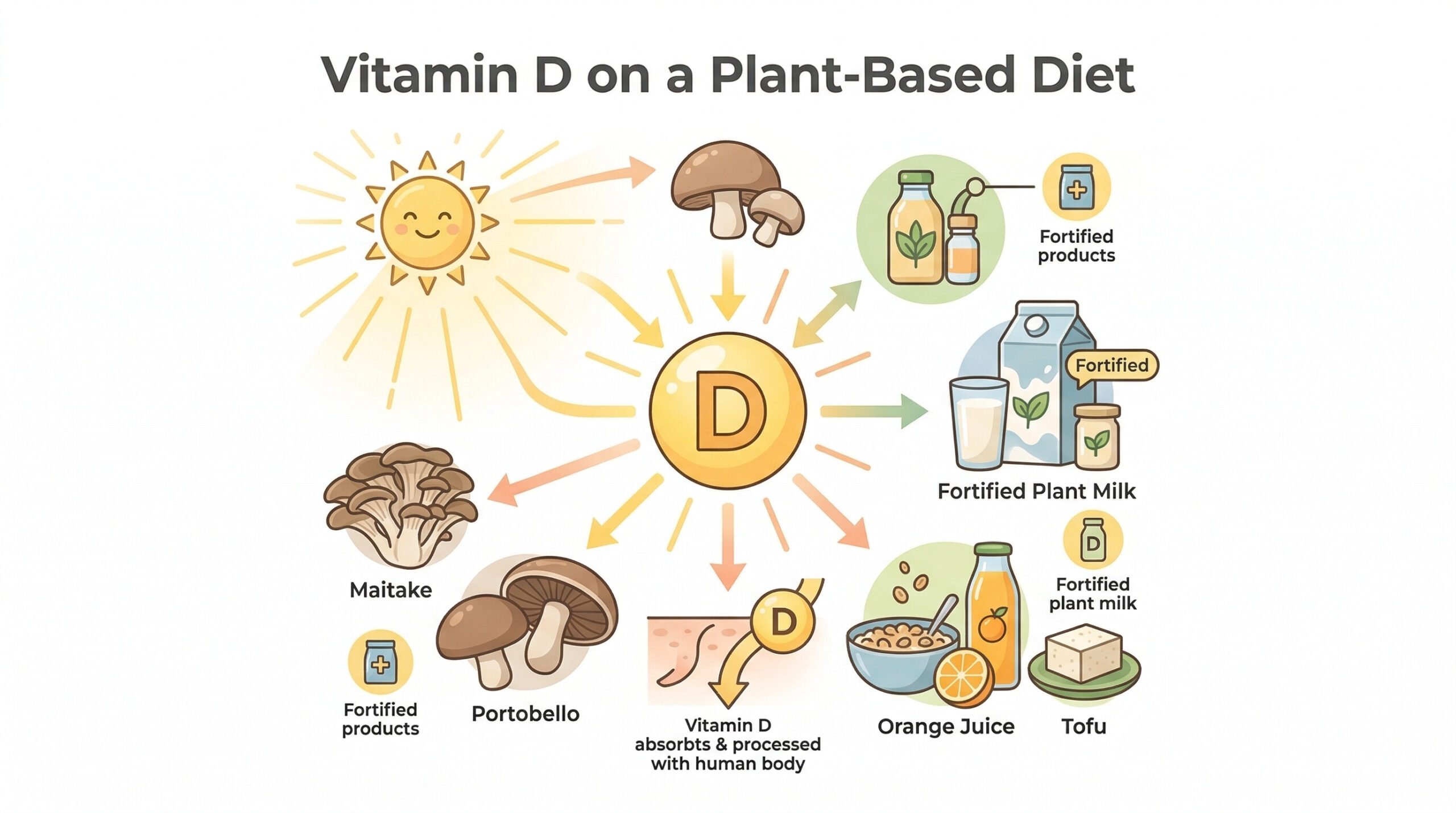 plant-based vitamin D sources including sunlight mushrooms and fortified foods