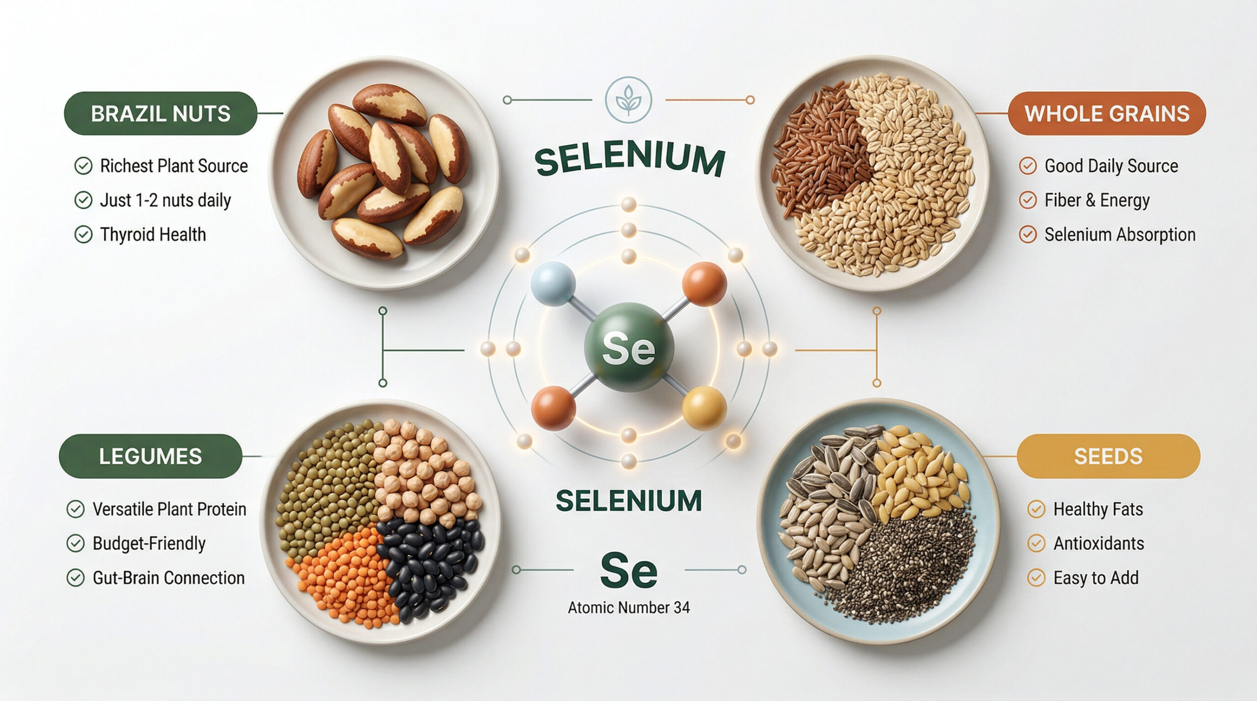 plant-based selenium foods including brazil nuts whole grains legumes and seeds